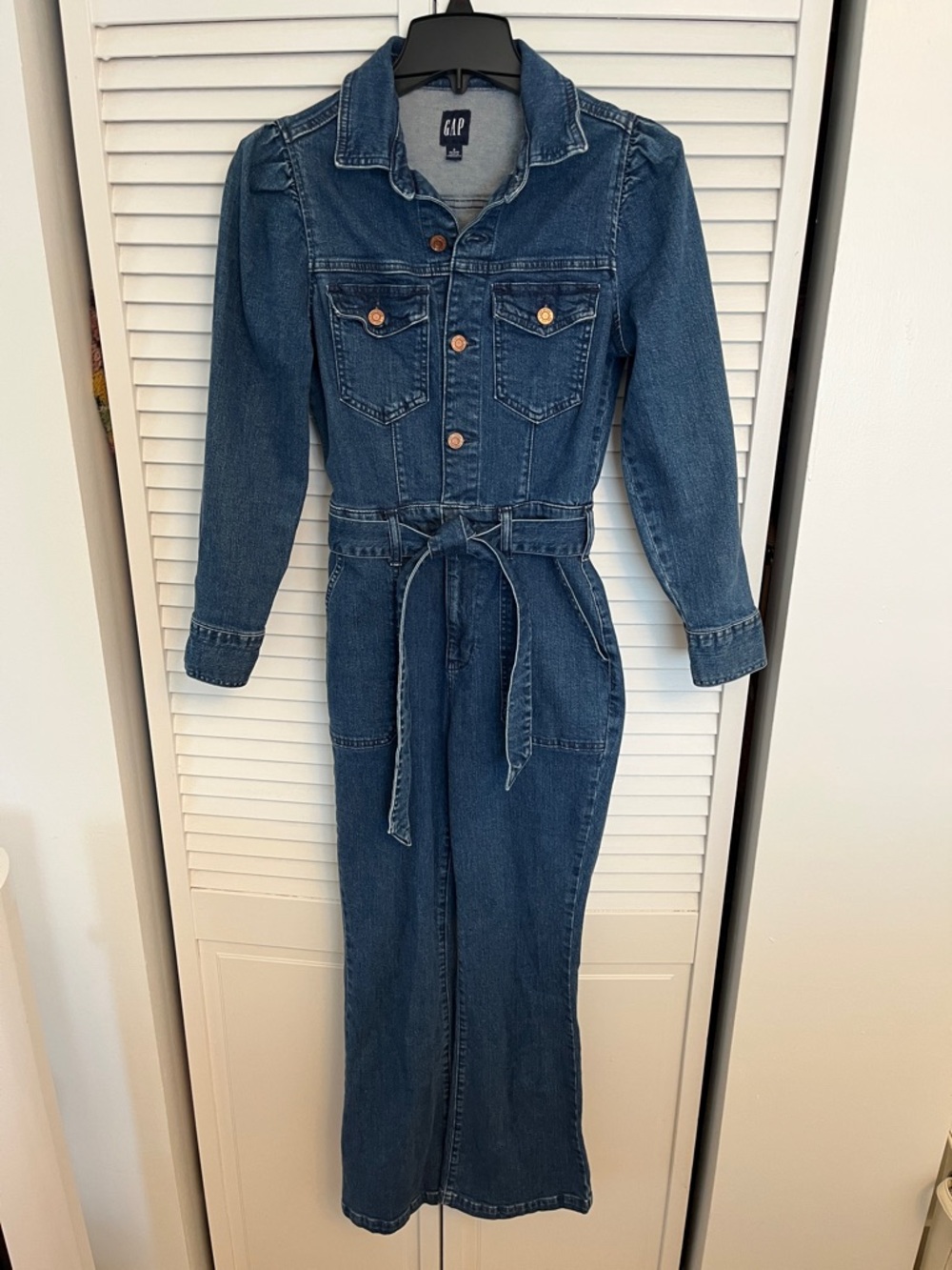GAP Blue Denim Flare Leg Puffed Sleeve Jumpsuit